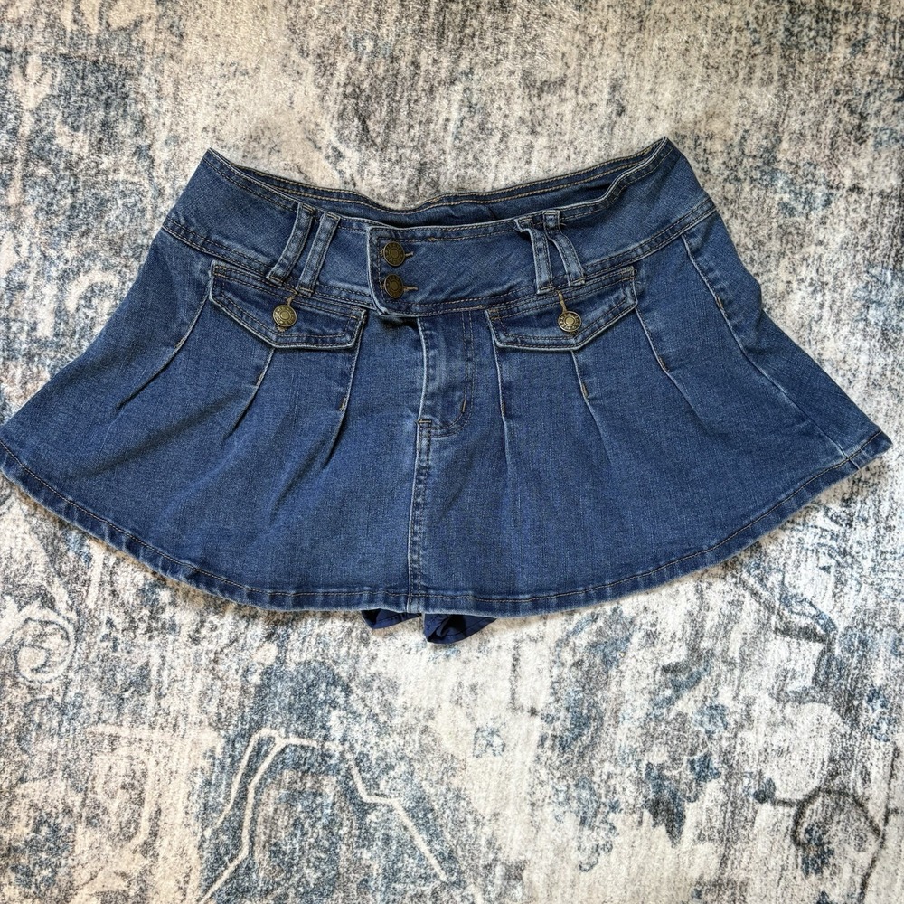 Vintage Y2K Pleated Denim Skort Low Rise Flared Cargo Pocket Mini Skirt Size M